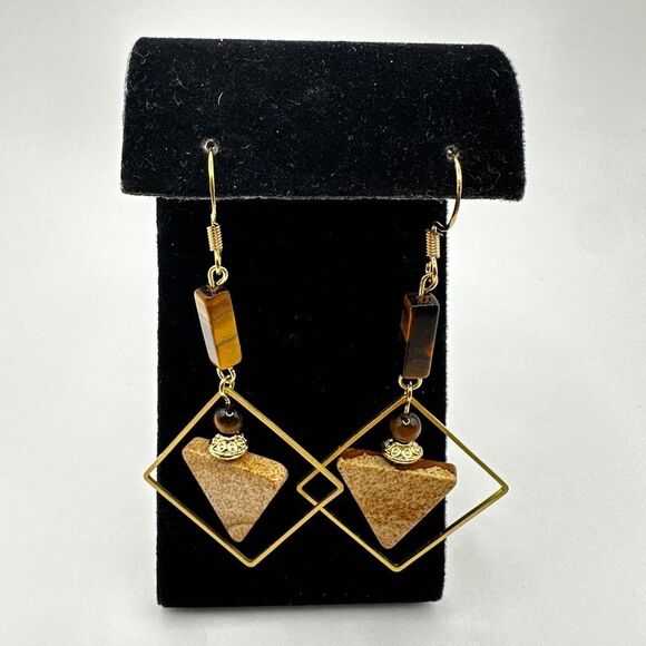 NWOT Geometric shape Tigers Eye and Picture Jasper stone dangle earrings in 925! - Picture 1 of 11